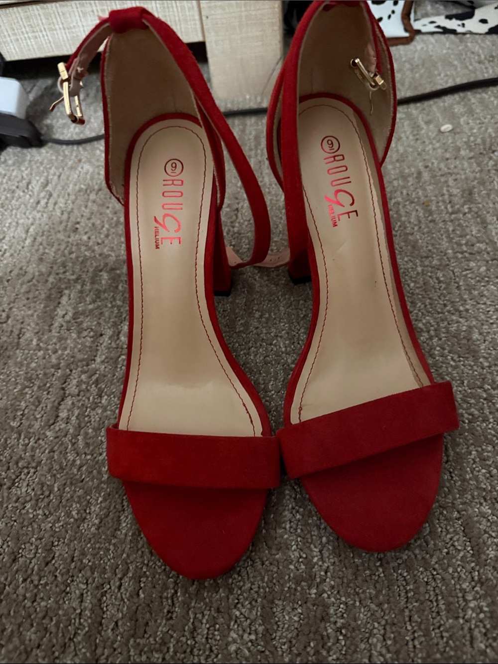 Rouge Helium Red Suede Ankle-Strap Block Heels